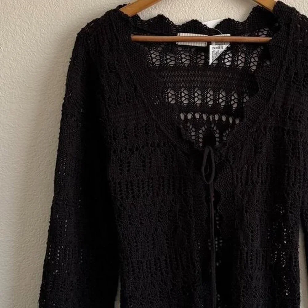 Vintage White Stag Crochet Knit Tie Front Cardigan Sweater size Medium